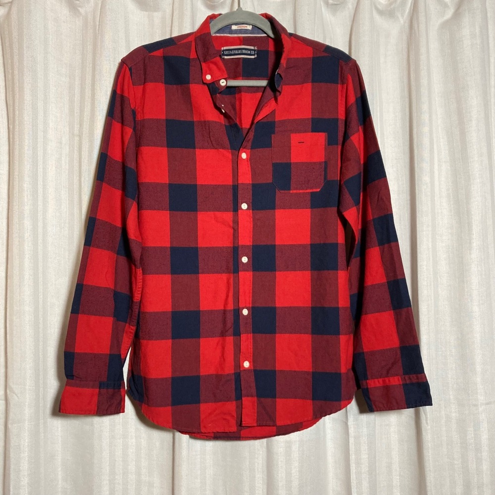Spitalfields Denim Co Mens Red Black Buffalo Plaid Flannel Shirt Medium LS9325